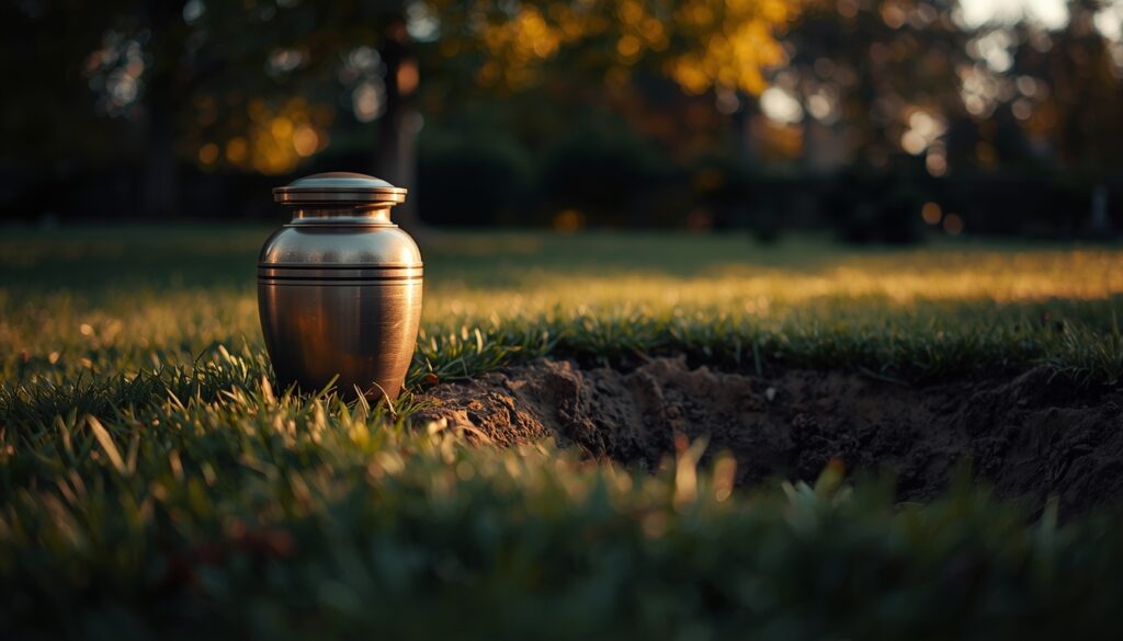 Cremation urn placed next to a grave at a cemetery