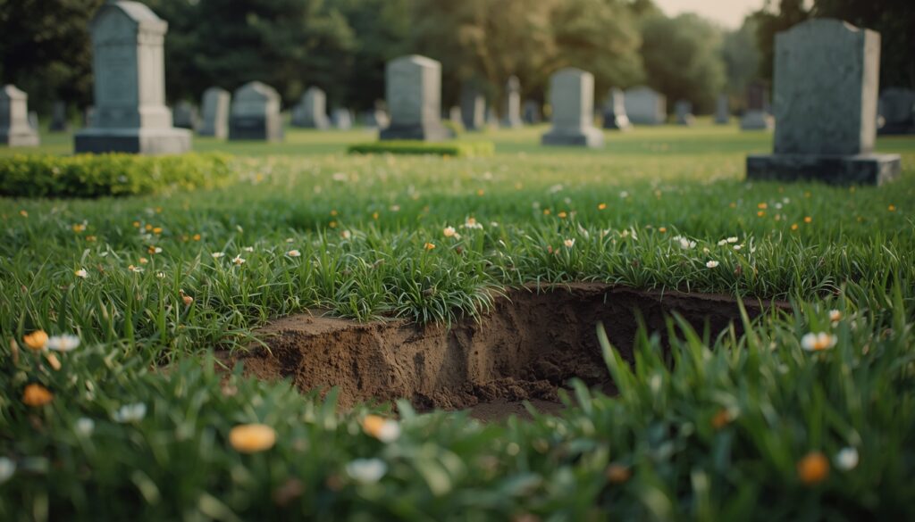 Cemetery plot prepared for urn burial with headstones visible