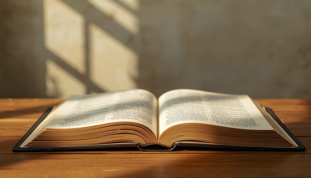 Open Bible on a wooden table representing biblical views on cremation