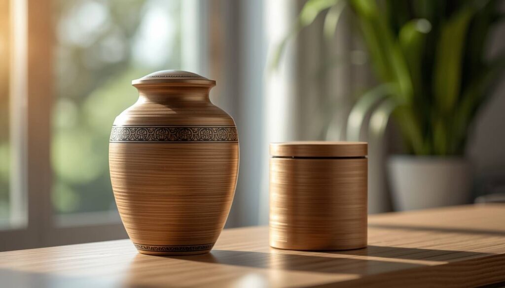 Cremated ashes in urn and temporary container