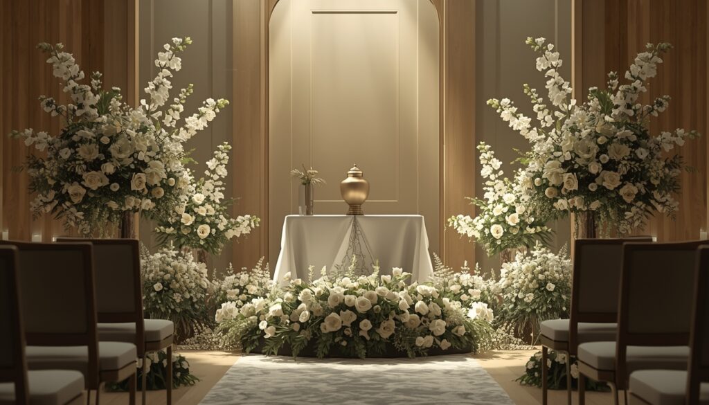 Setup of a cremation ceremony with urn and flowers