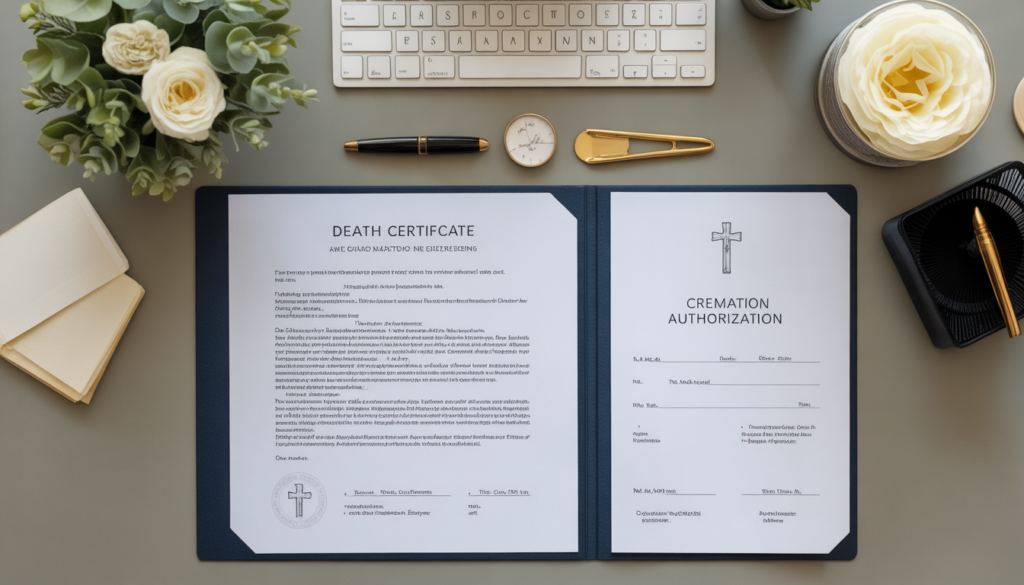 Cremation paperwork including death certificate and authorization form