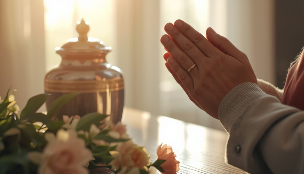 Person saying a prayer next to a cremation urn