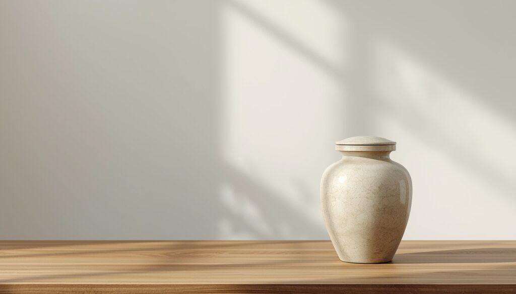 Cremation urn containing ashes after the cremation process