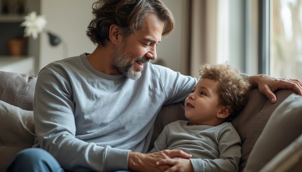 Adult calmly talking with a young child at home in a comforting and reassuring setting
