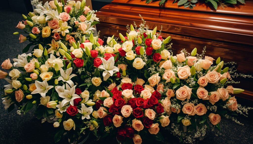 Funeral flowers and wreaths placed near memorial