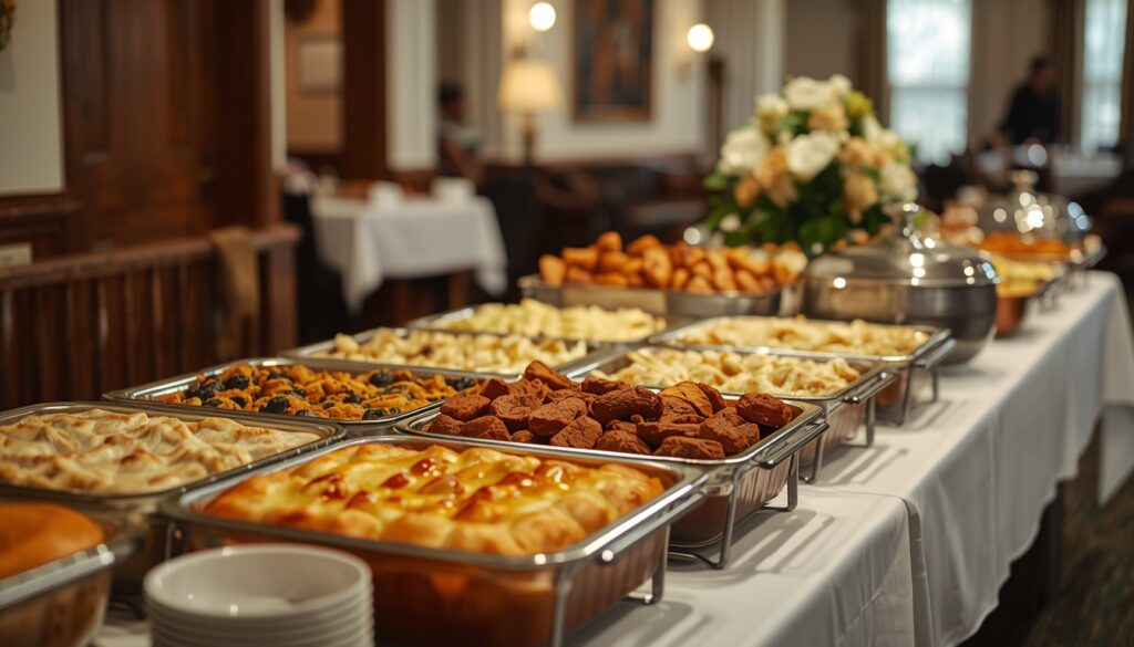 Table with food brought to a funeral reception