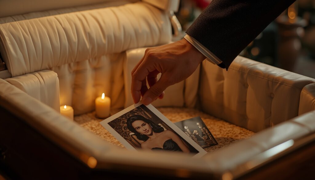 Family placing memorabilia into a casket at a funeral