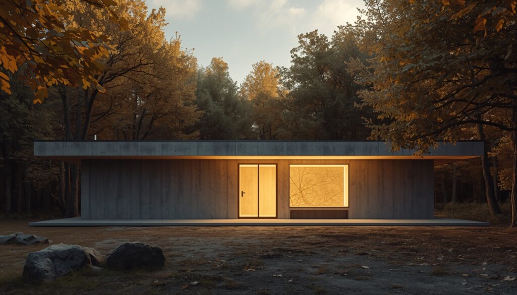 Modern crematory building surrounded by trees with soft light from the windows in a peaceful setting