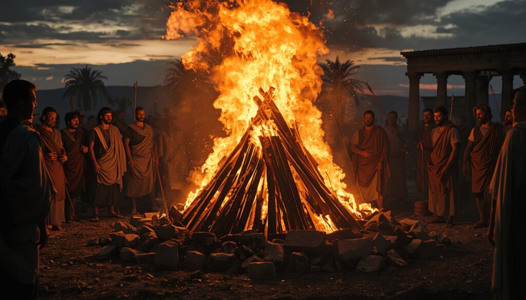 Ancient Greek cremation ceremony on a funeral pyre