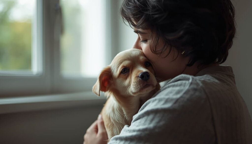 Pet owner comforting their pet during a difficult time