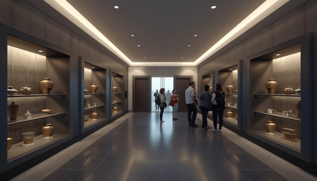 Modern crematorium and family selecting a cremation urn