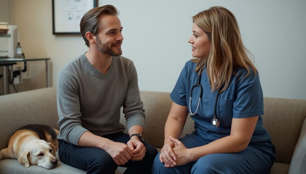 Pet owner discussing end-of-life care with a veterinarian