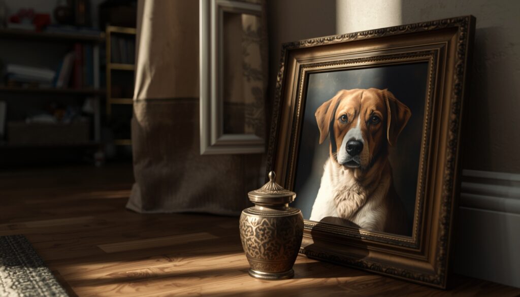 Pet cremation urn displayed beside framed pet photo at home