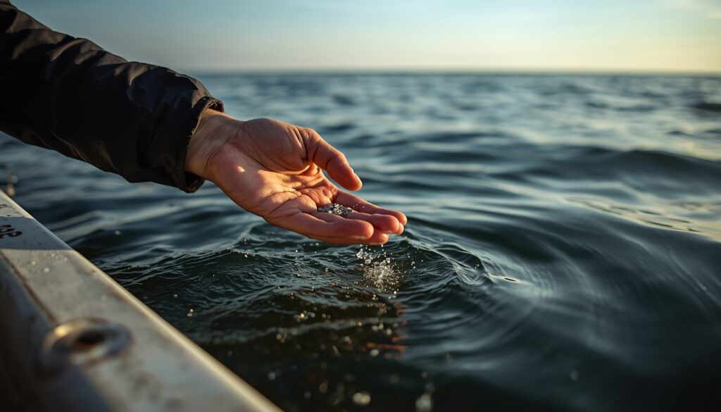 Hand scattering cremation ashes into open water from a boat