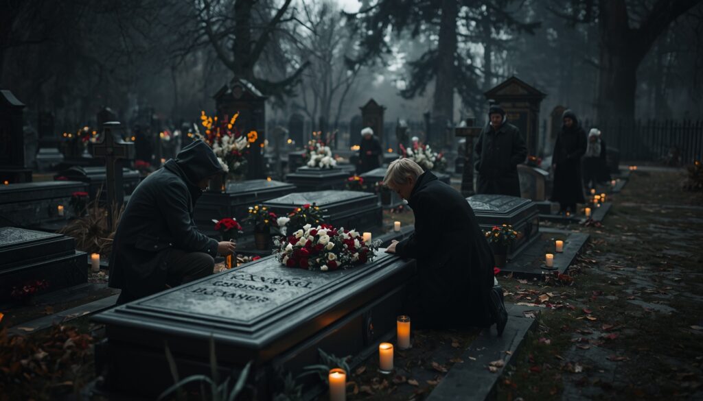 Family mourning at a traditional burial site