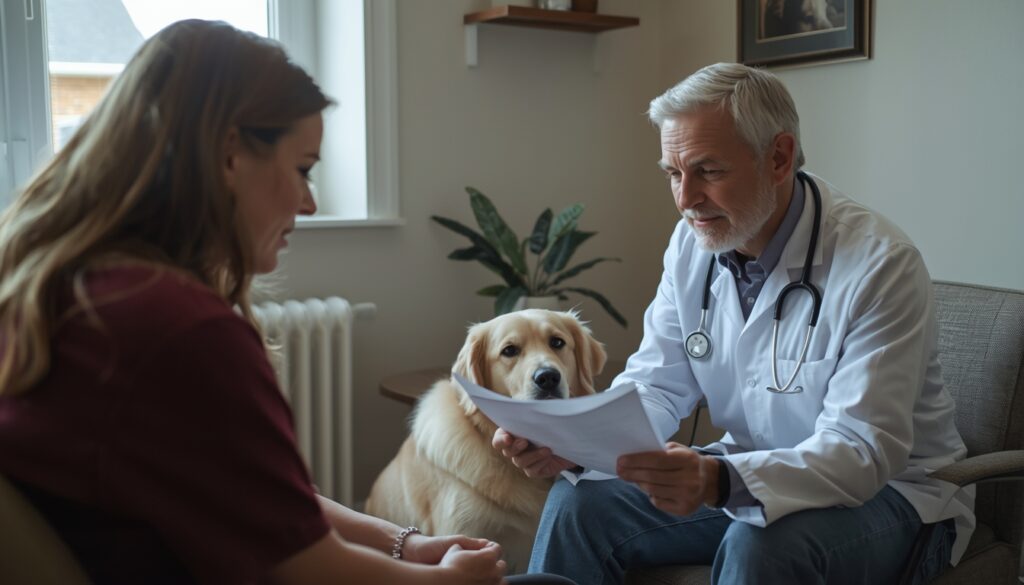 Veterinarian discussing pet cremation options with owner in clinic