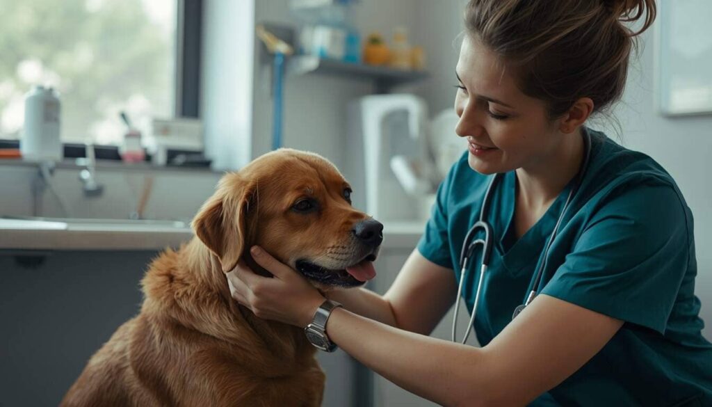 Veterinarian gently caring for an elderly pet in a calm clinic setting