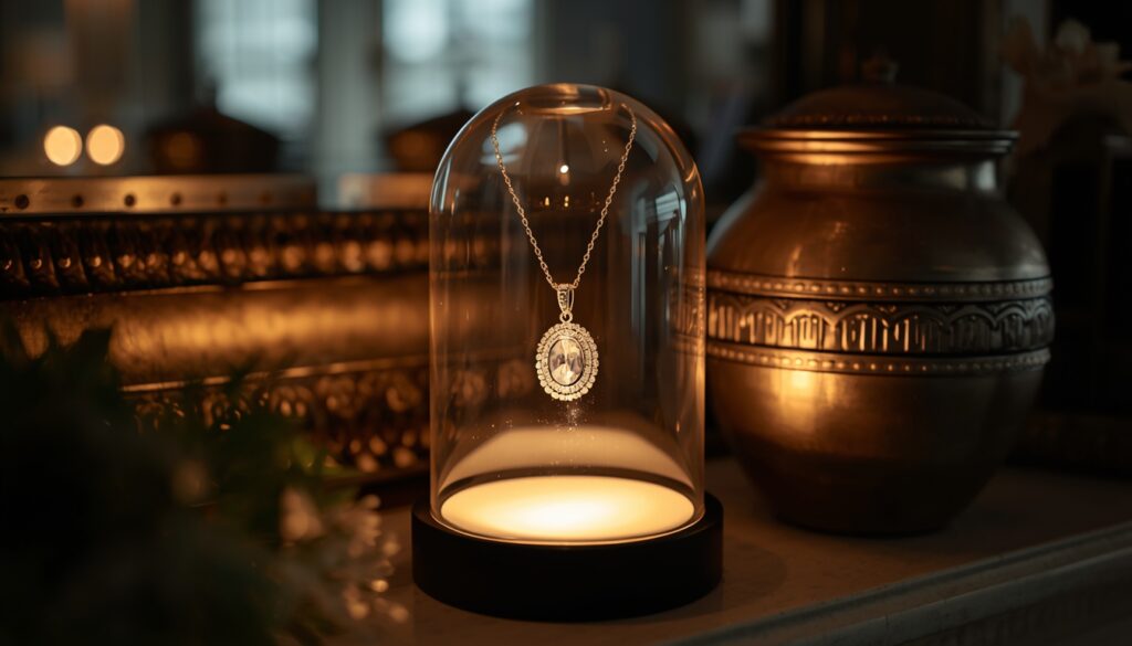 Cremation jewelry displayed in a clear dome case with lit base, placed alongside a cremation urn on a home shelf.