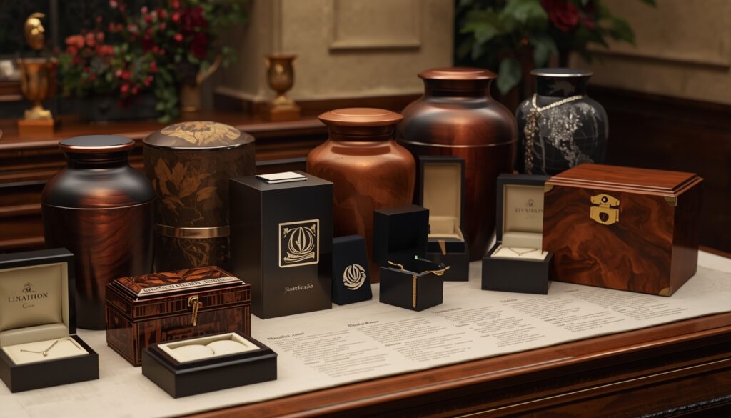 Cremation urns, keepsake jewelry, and price list representing cremation service options and costs