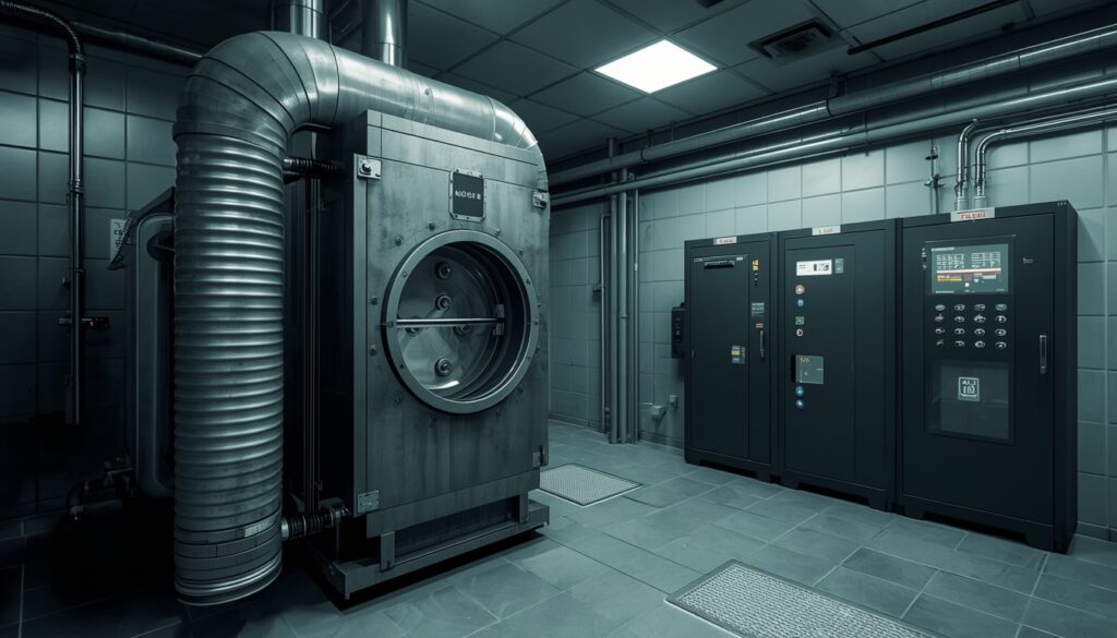 Modern cremation chamber and operator control equipment inside a crematory.