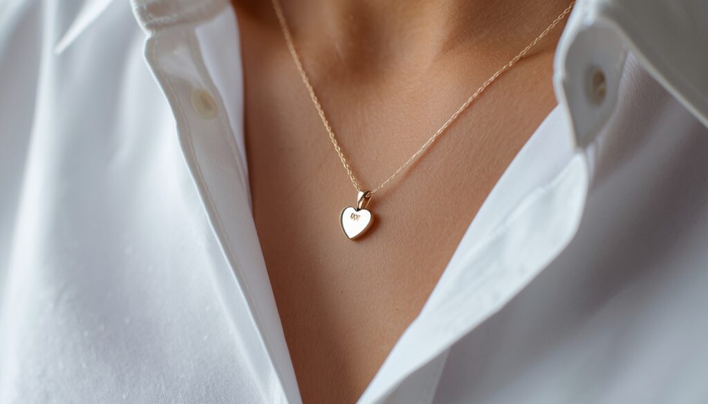 Small cremation pendant worn discreetly under a shirt, visible only to the wearer.