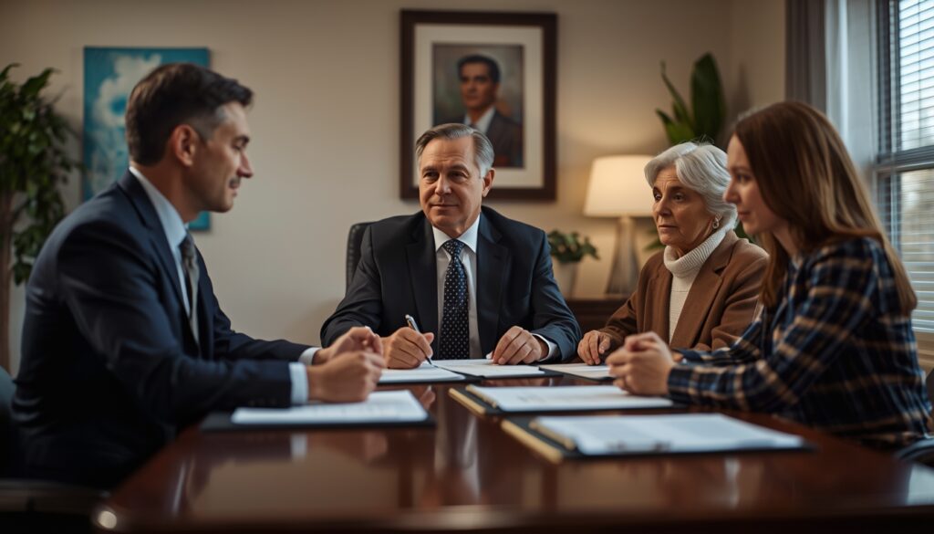 Funeral director consulting with a family about cremation options in a modern office