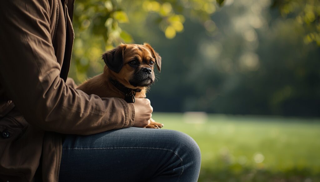 Person sitting quietly outdoors holding their pet while reflecting on its loss
