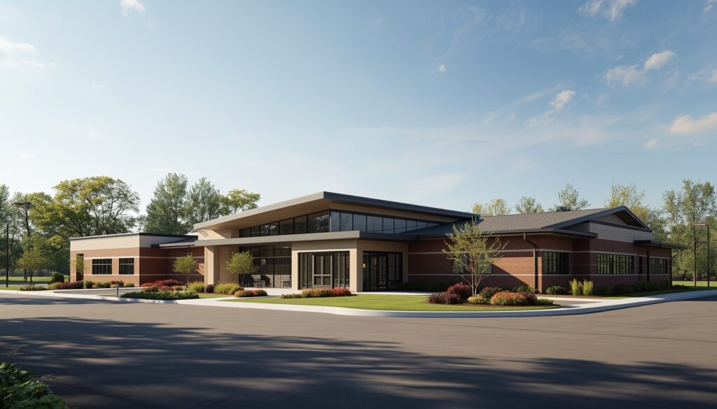 Modern crematory facility exterior showing a clean and professional environment