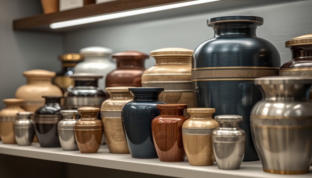 Collection of personalized pet cremation urns in various styles and materials for memorial purposes