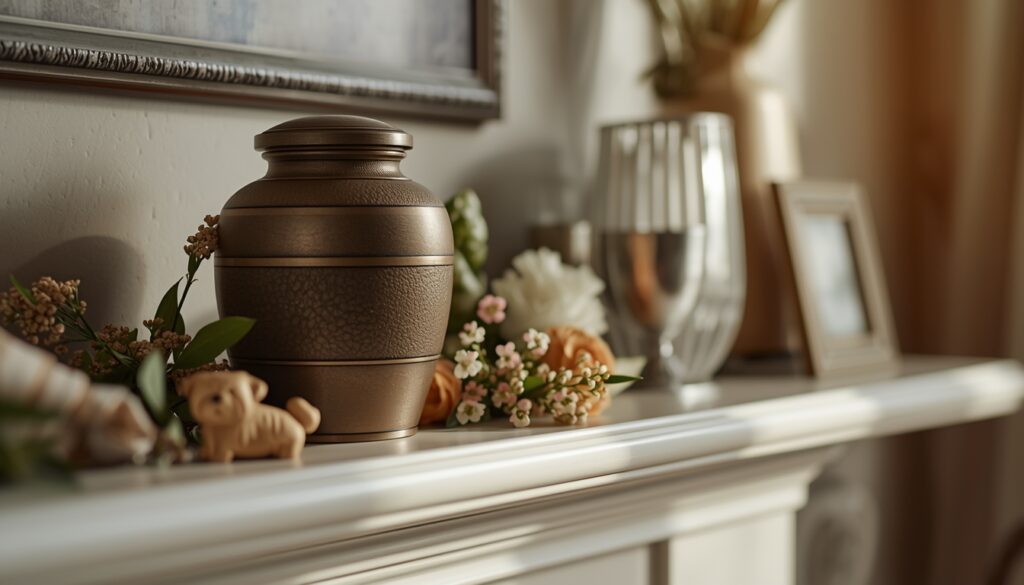 Pet cremation urn displayed at home with flowers and keepsake items for memorial