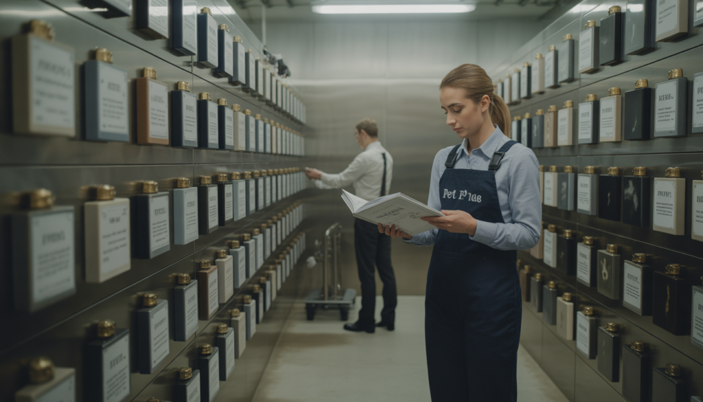 Staff in a modern pet crematory handling labeled urns in a clean, organized facility