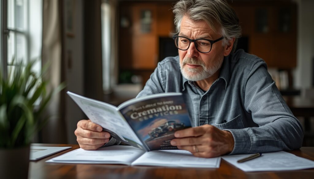 Person reviewing a cremation services catalog at home to prepare for cost-effective choices
