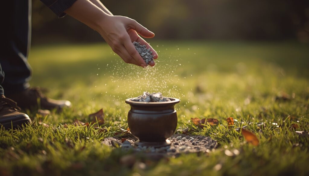 Person gently scattering a pet's ashes outdoors in a peaceful grassy setting